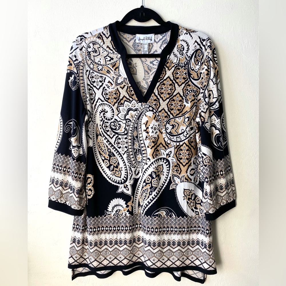 JOSEPH RIBKOFF Blouse Black & White Paisley Print Vneck 3/4 Sleeve Tunic Top